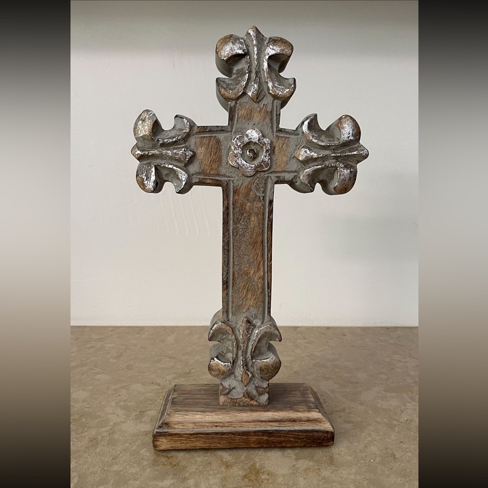 Rustic Fleur-de-Lis Stylized Budded Cross Light Wood Accentuated in Silv…